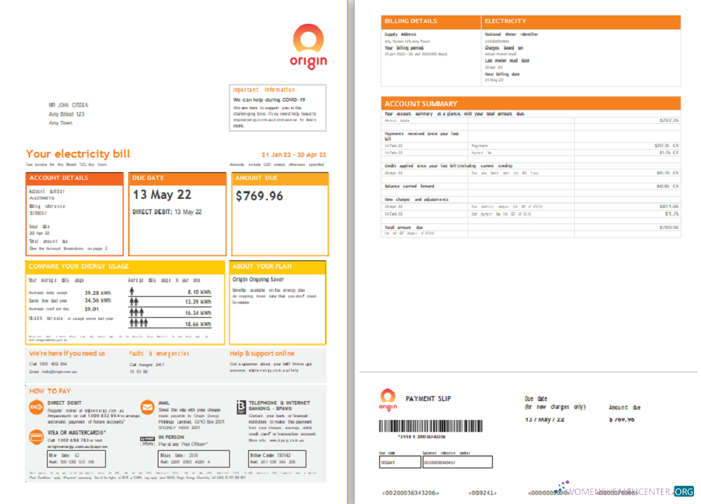 download download Origin utility bill template, in Word and PDF format, 4 pages PDF template PDF template